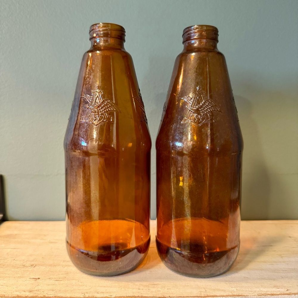 Set of 2 Vintage Anheuser-Busch Amber Empty Beer Bottles | Upcycle Crafts Bar